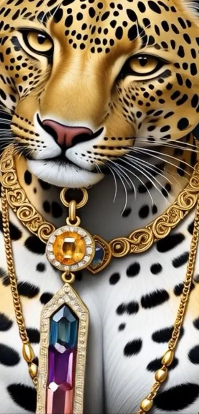 Majestic leopard with gold jewels and vibrant gems in a luxurious design.