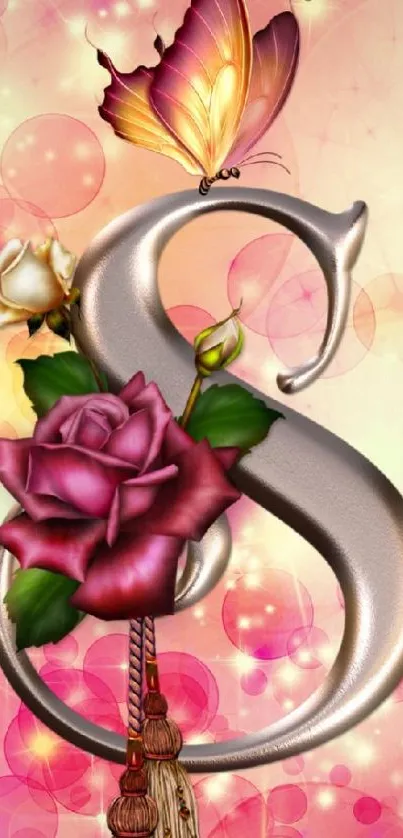 Elegant metallic 'S' with roses and butterfly on pink background.