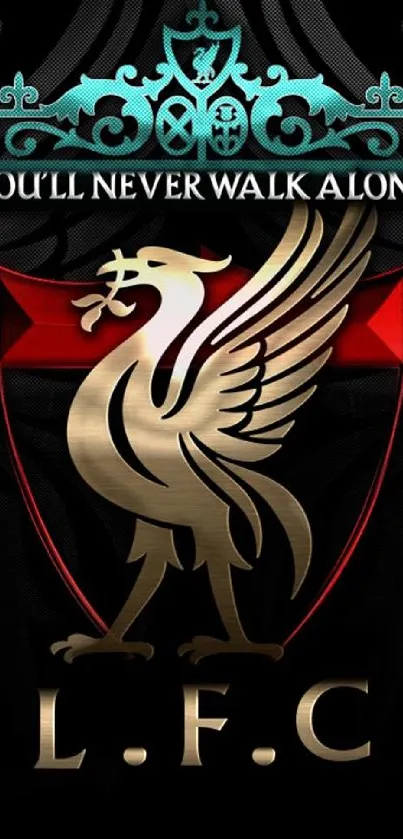 Elegant LFC wallpaper with Liverbird and motto in red, gold, and black.