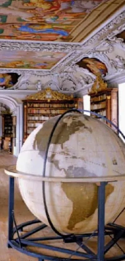 Elegant library interior with globe centerpiece on wooden floor.