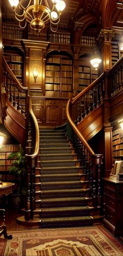 Elegant wooden staircase in classic library setting wallpaper.