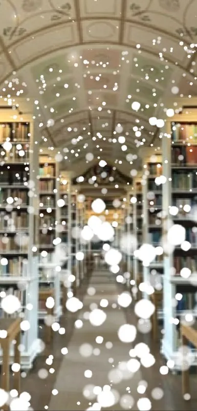 Library interior with bookshelves and decorative ceiling.