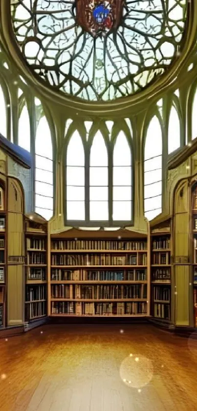 Elegant library interior with stained glass windows and wooden floors.