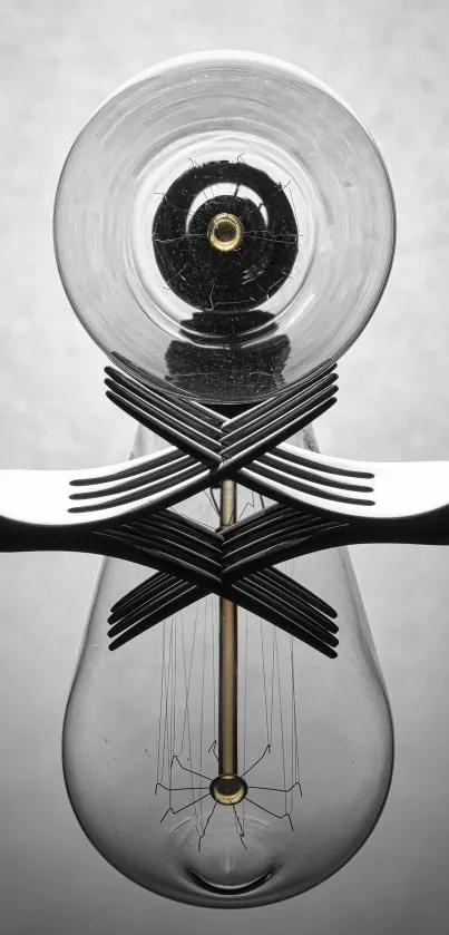 Monochrome wallpaper with forks and bulb.