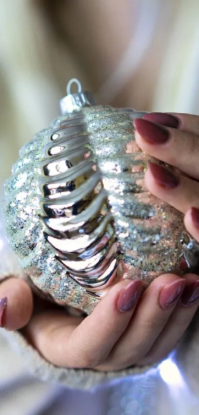 Hands holding silver ornament with fairy lights.