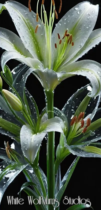 Vivid lily flowers with raindrops on dark background.
