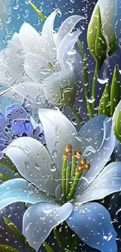 Elegant lilies with blue and white petals in a stunning phone wallpaper.