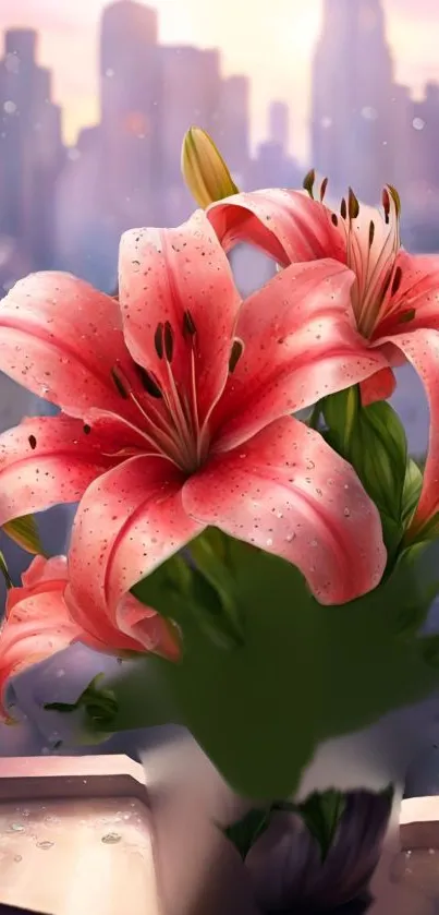 Pink lilies with dew and blurred city background.