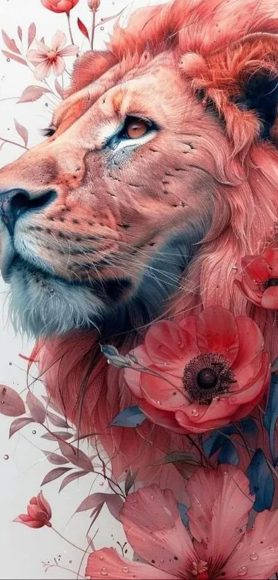 Elegant lion surrounded by coral floral art