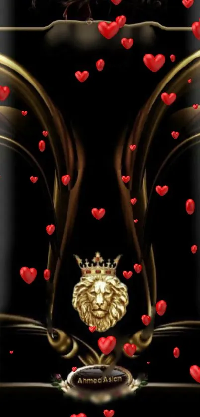 Mobile wallpaper with a crowned lion and red hearts on a black background.