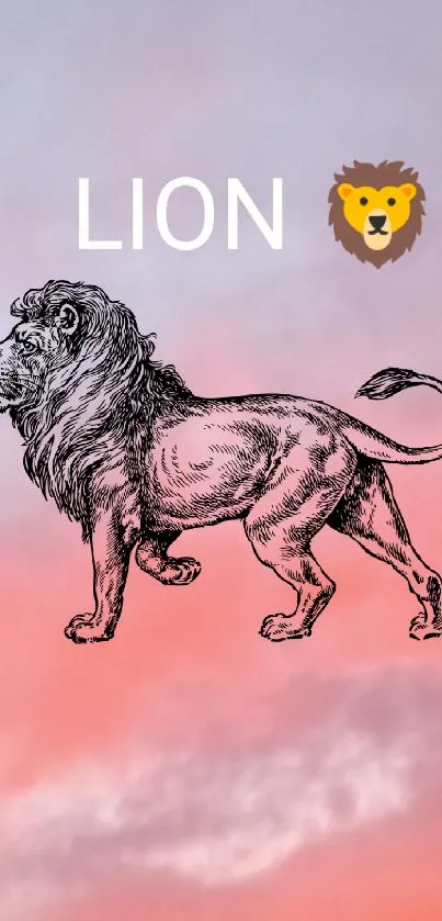 Elegant lion illustration on pink and blue sky background.