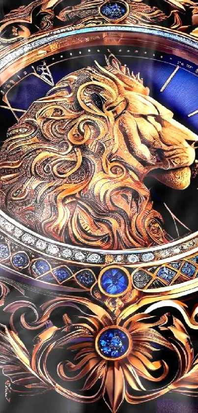 Elegant 3D lion watch with gold detailing on a mobile wallpaper.