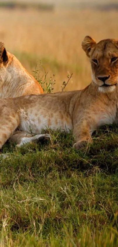 Two graceful lionesses resting in savanna landscape.