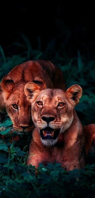 Two lions rest amid lush green jungle foliage.