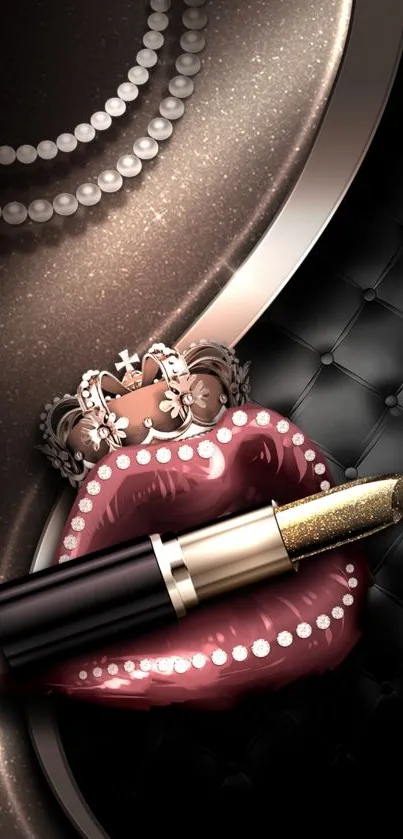 Elegant artistic mobile wallpaper with lipstick and crown.