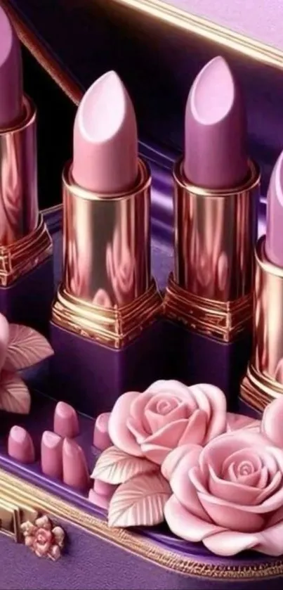 Luxurious lipsticks and pink roses wallpaper design.