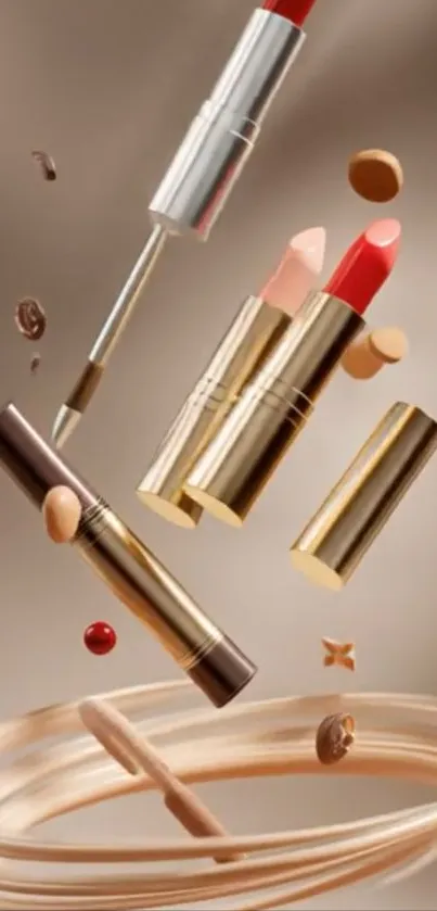Floating lipsticks and makeup elements with beige background.