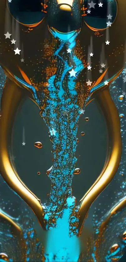 Elegant liquid art with gold and teal tones, perfect wallpaper for a mobile phone.