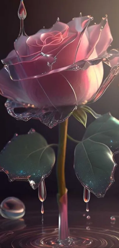 Pink rose encased in liquid with droplets.