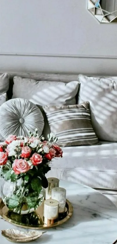 Elegant living room with floral centerpiece and chic pillows.