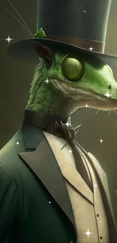 Stylish lizard in a top hat and suit, vintage elegance.