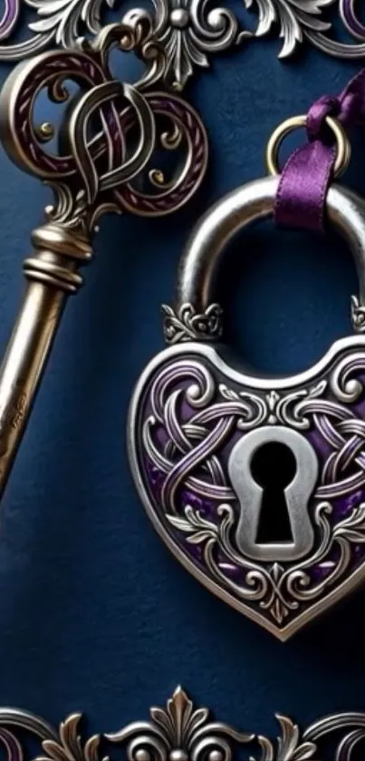 Ornate metal lock and key with purple ribbon