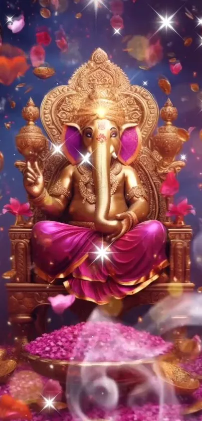 Elegant Lord Ganesha with golden and vibrant pink hues.