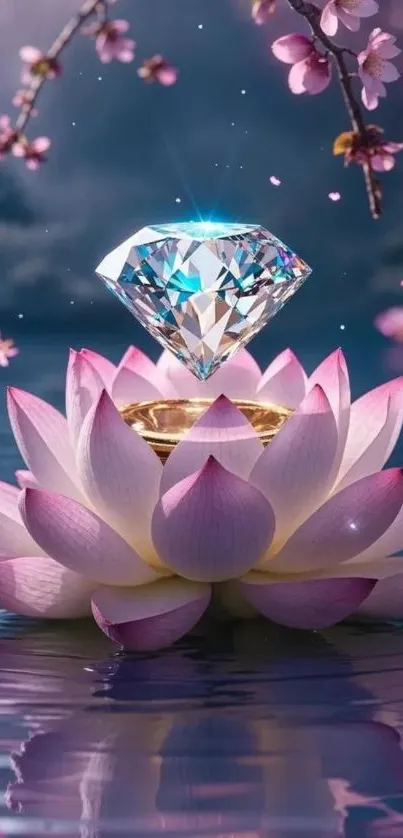 A glowing diamond on a lotus flower, surrounded by water and cherry blossoms.