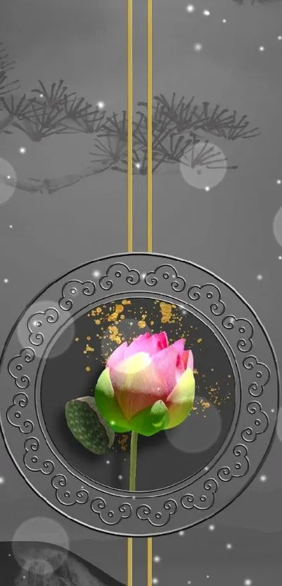 Elegant mobile wallpaper with lotus and gold accents on gray background.