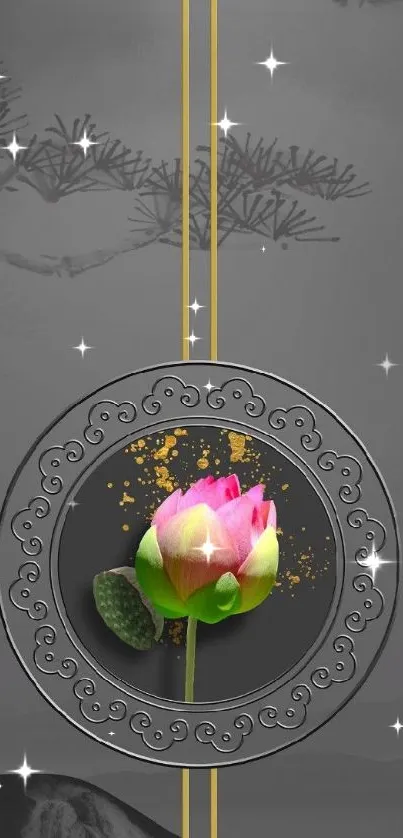 Elegant wallpaper featuring a lotus flower with golden accents on a gray background.