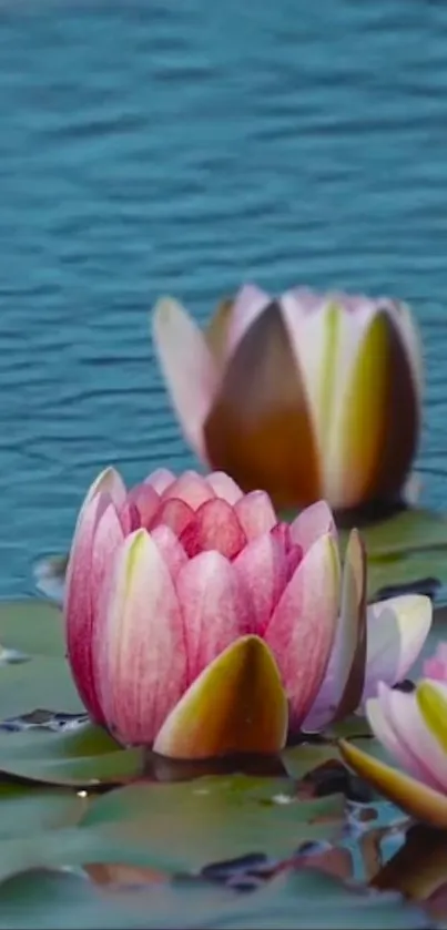 Serene lotus flower on calm blue water for mobile wallpaper.