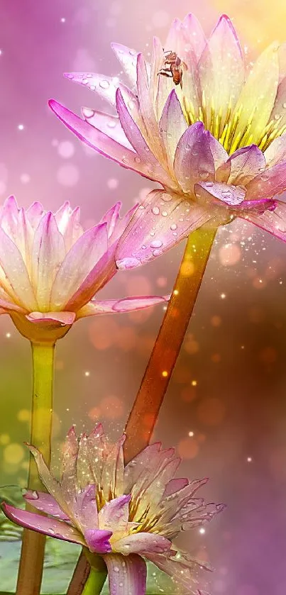 Pink lotus blossoms with dew and a soft bokeh effect.