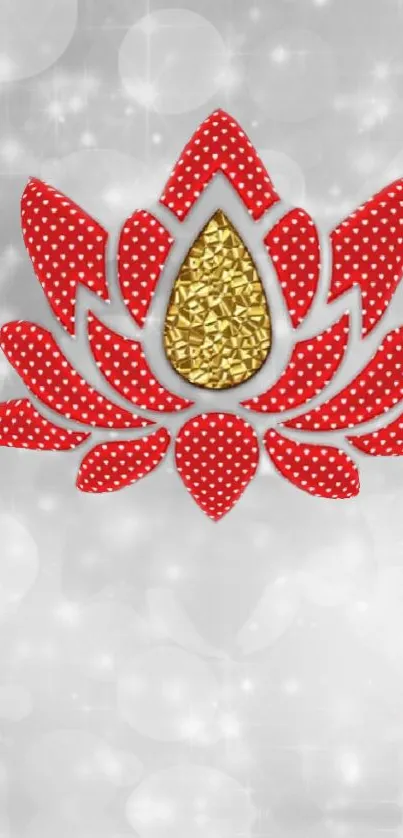 Red polka-dotted lotus with gold center on silver background.