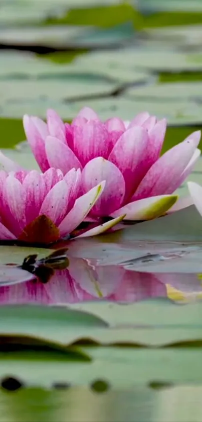 Pink lotus flowers blooming on lily pads in a serene pond.