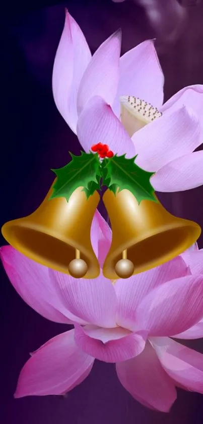 Pink lotus flowers with Christmas bells on background.