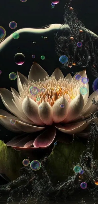 Elegant lotus flower with water bubbles in digital art wallpaper.