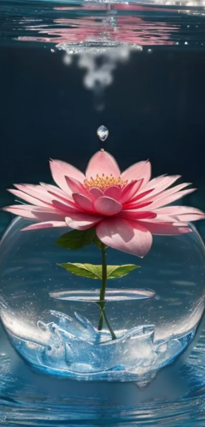 A pink lotus inside a clear water globe with a serene blue background.