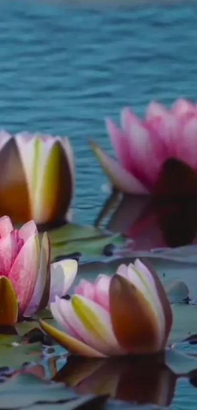 Lotus flowers floating on tranquil water with pink petals.