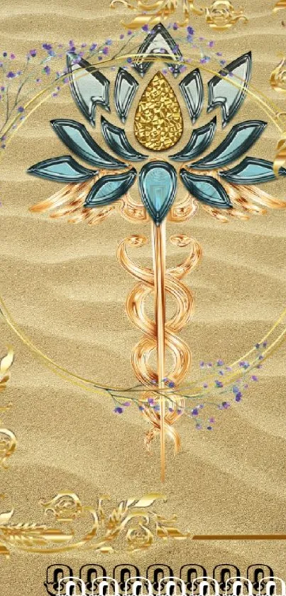 Elegant lotus flower on sandy backdrop with gold accents.