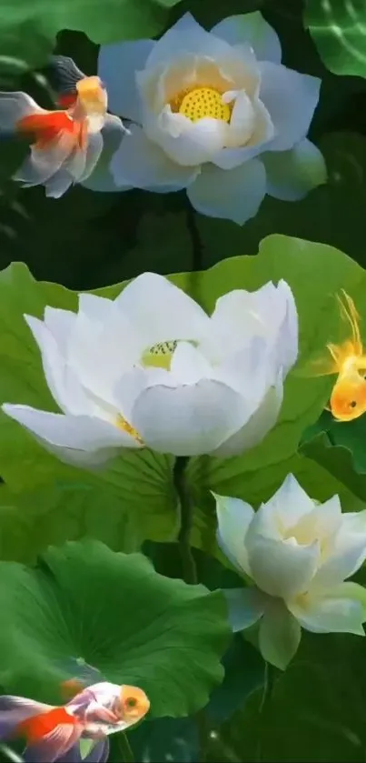 Serene mobile wallpaper with lotus flowers and vibrant goldfish.