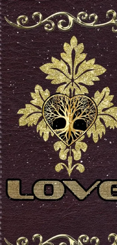 Mobile wallpaper with gold love and tree design on dark brown background.