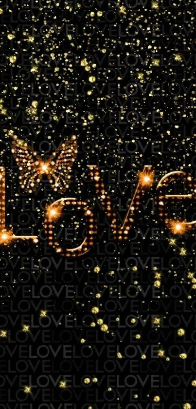 Elegant Love wallpaper with gold sparkle on black.