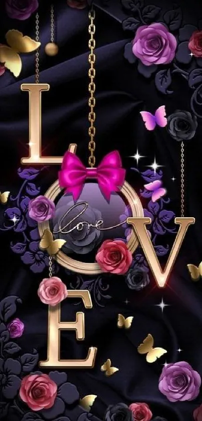 Gold 'LOVE' with pink and purple flowers on dark background.