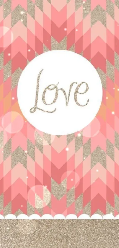 Pink chevron wallpaper with glitter and 'Love' text.