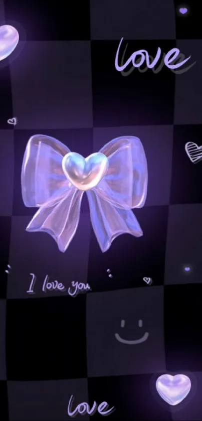 Elegant heart bow on checkerboard wallpaper.