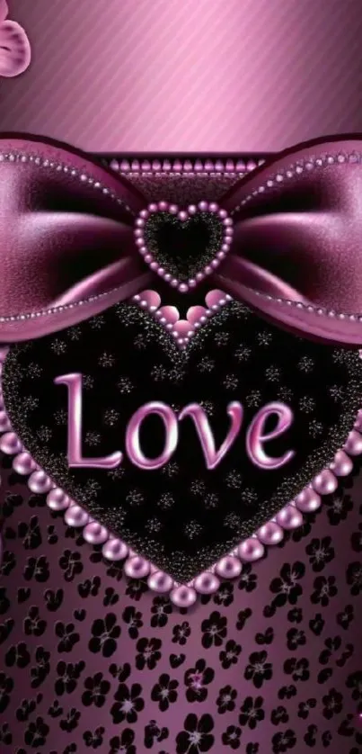 Purple heart and bow love wallpaper with floral accents.