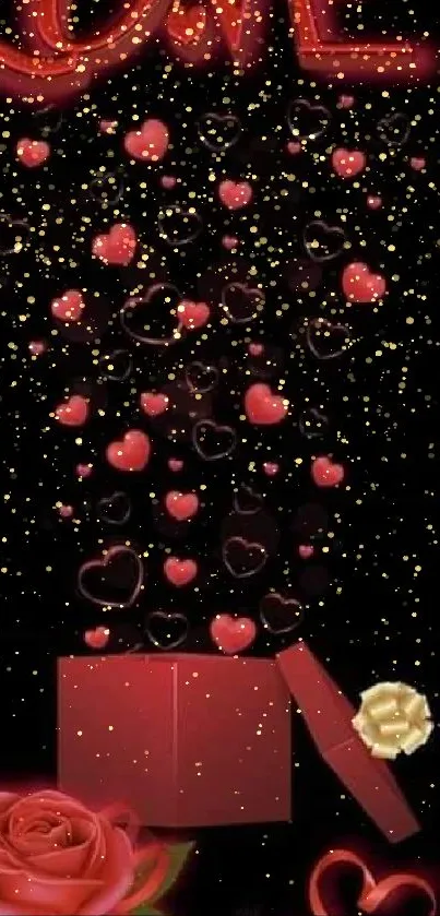 Red hearts and gift box with golden sparkles on a black background.