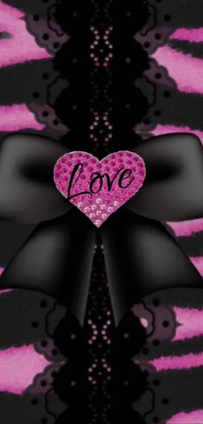 Zebra print wallpaper with a black bow and love heart.