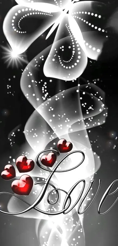 Romantic love wallpaper with red hearts and swirling black and white design.