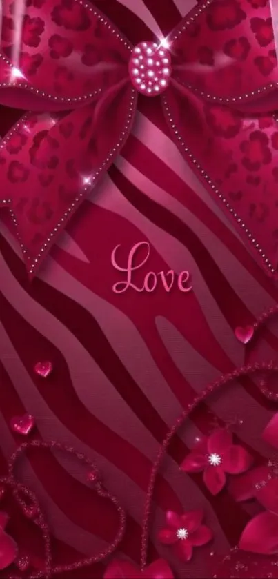 Romantic red bow wallpaper with love inscription.